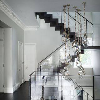 two fold stairway and hanging ceiling clamp lamps