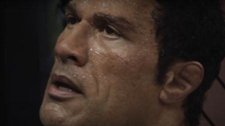 Dwayne Johnson as a sweaty Mark Kerr in The Smashing Machine