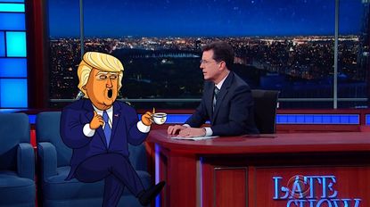 Cartoon Donald Trump rips off the mask for Stephen Colbert
