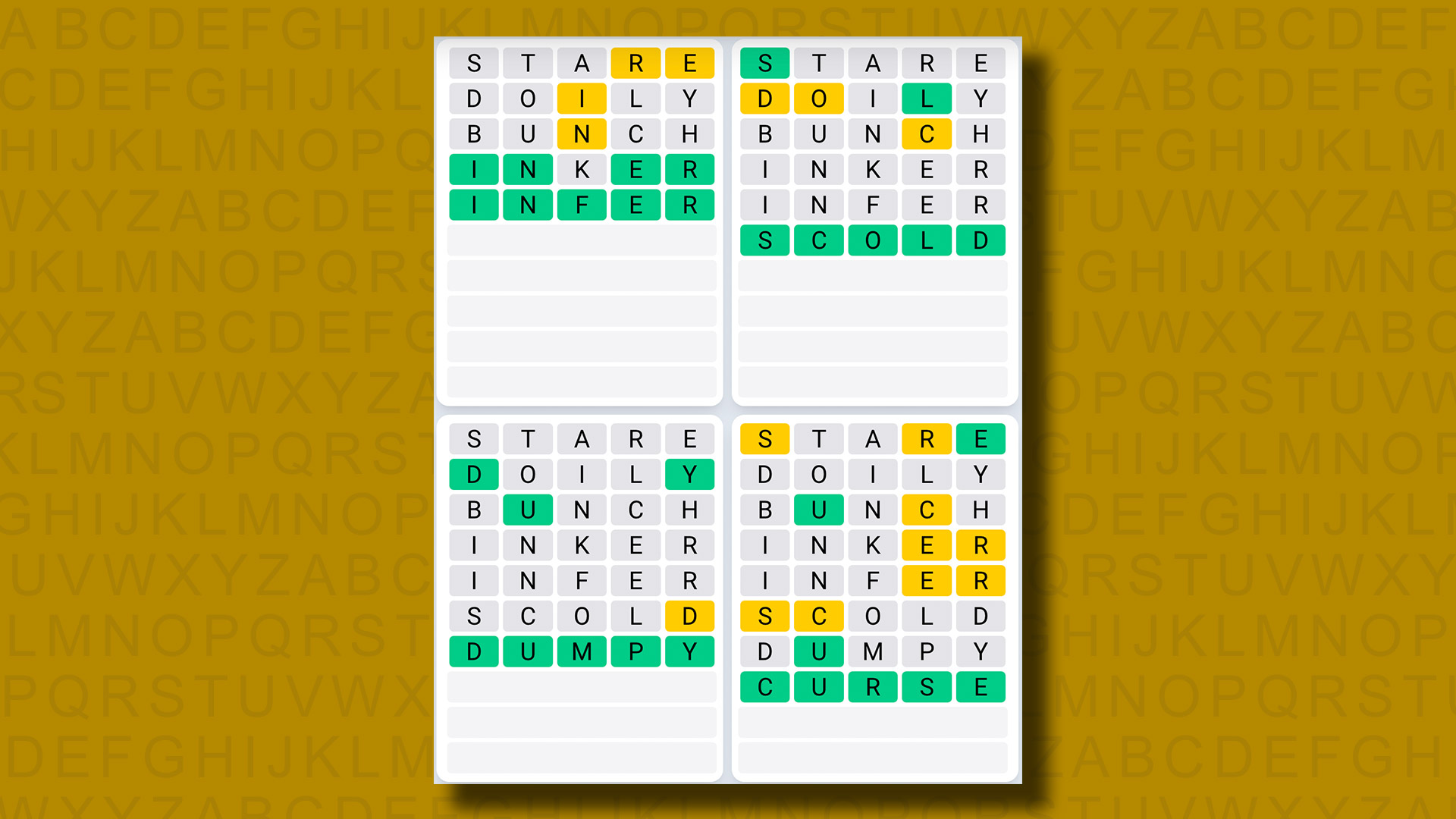 Quordle Daily Sequence answers for game 942 on a yellow background