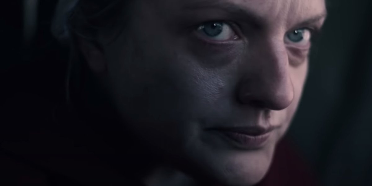 Elisabeth Moss showing worry on her face in The Handmaid&#039;s Tale.