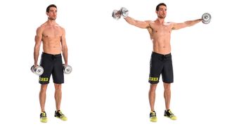 Man demonstrates two positions of the lateral raise exercise