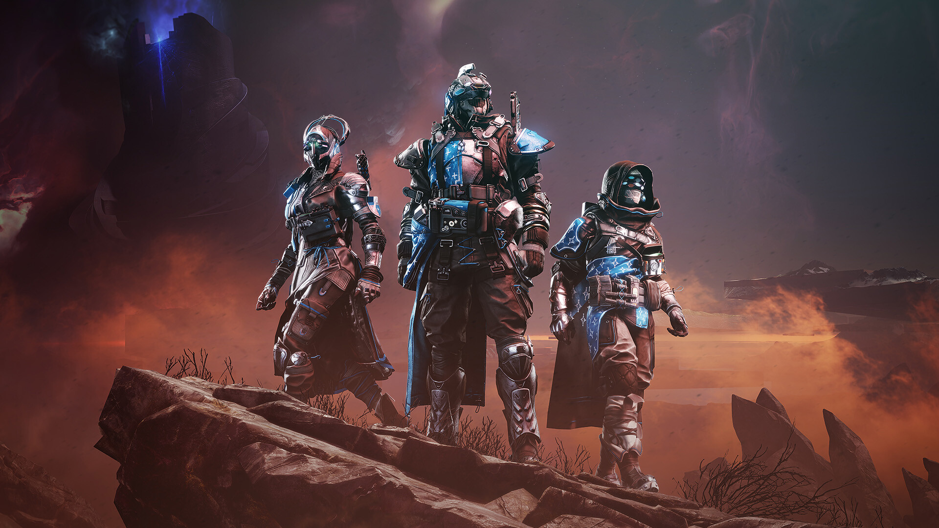 Tre Guardians stå foran et støvete bakteppe med fjell-