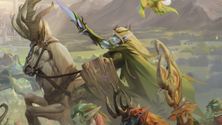 Heroes of Might and Magic: Olden Era website art - blonde elven woman on a charging stag, holding a sword aloft (cropped)