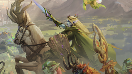 Heroes of Might and Magic: Olden Era website art - blonde elven woman on a charging stag, holding a sword aloft (cropped)