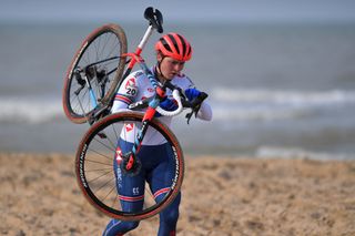 Harriet Harden of United Kingdom negotiates the sand at Oostende World Championships in 2021
