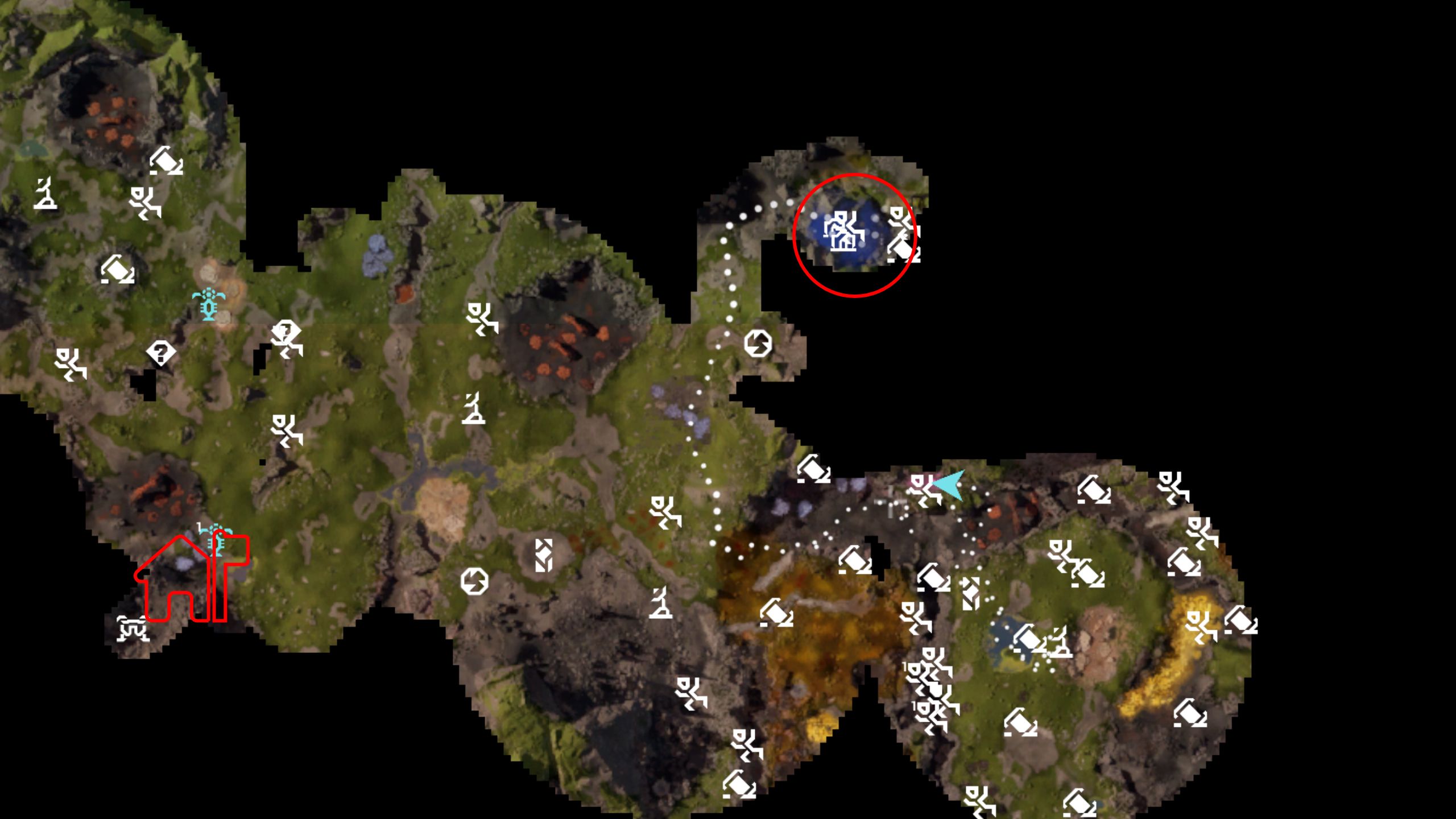 StarRupture Stabilizer blueprint: A map with a red circle highlighting an outpost in the hills to the northeast, and a red house icon representing the orbital lander to the west.