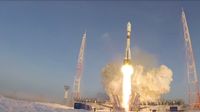 A Russian Soyuz-2.1a rocket launches the Kosmos-2553 satellite from the Plesetsk Cosmodrome on February 5, 2022.