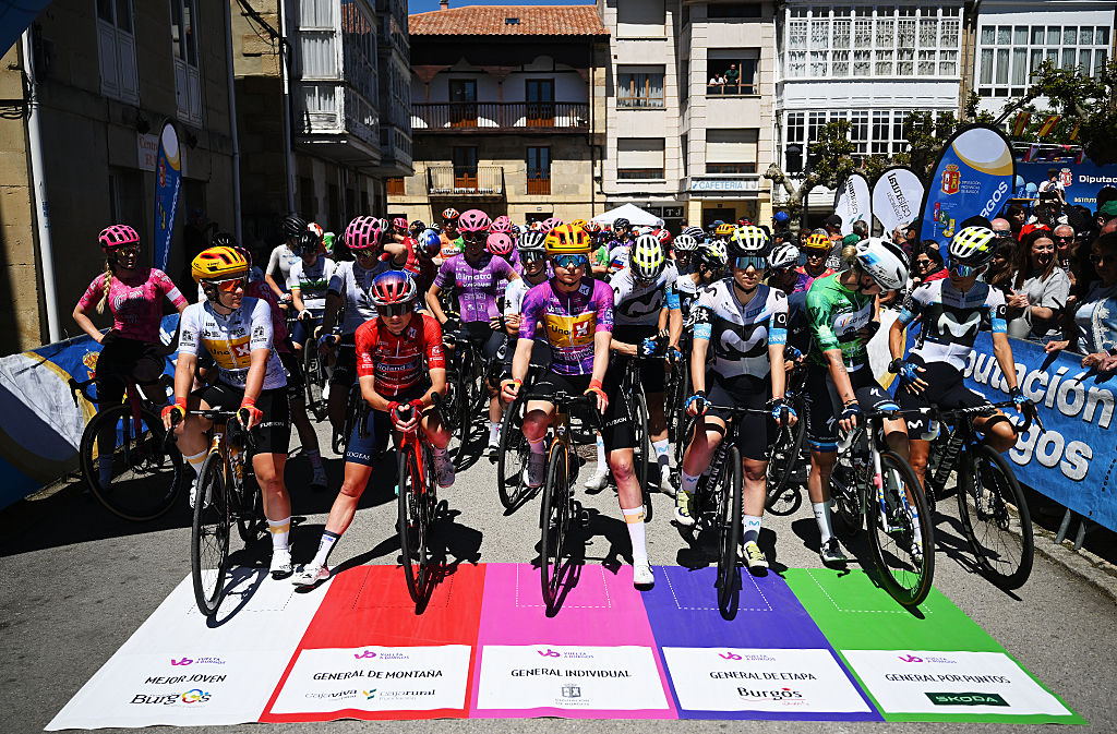 VALLE DE VALDEBEZANA SONCILLO SPAIN MAY 24 LR Linda Zanetti of Switzerland White best young jersey Morgane Coston of France and Team Roland Red Mountain jersey Mie Bjorndal Ottestad of Norway and Team UnoX Mobility Purple Leader Jersey Sara Martin of Spain and Movistar Team and Lorena Wiebes of Netherlands and Team SD Worx Protime Green Points Jersey prior to the 10th Vuelta a Burgos Feminas 2025 Stage 3 a 95km stage from Valle de Valdebezana Soncillo to Espinosa de los Monteros Picon Blanco 1506m UCIWWT on May 24 2025 in Valle de Valdebezana Soncillo Spain Photo by Szymon GruchalskiGetty Images
