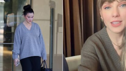 Selena Gomez wearing an oversize Reformation sweater while leaving the Rare Beauty offices
