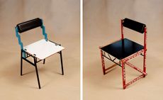 Side by side images featuring single chairs, left: white base, black legs, green back frame and a small black back. Right: Red frame chair with Titan labelled over the frame in white text. Black base and small black back. 