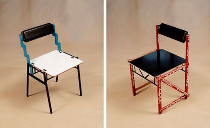 Side by side images featuring single chairs, left: white base, black legs, green back frame and a small black back. Right: Red frame chair with Titan labelled over the frame in white text. Black base and small black back. 