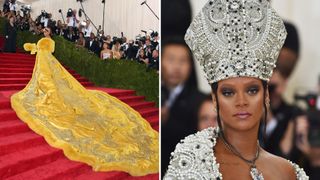 L-R: Rihanna at the Met Gala in 2015 and 2018