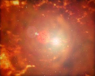 Material from a red giant star (right) falls onto a nearby white dwarf star, triggering nova explosions every few decades. Eventually, enough material will fall onto the white dwarf to trigger a supernova that destroys it. Released Aug. 23, 2012.