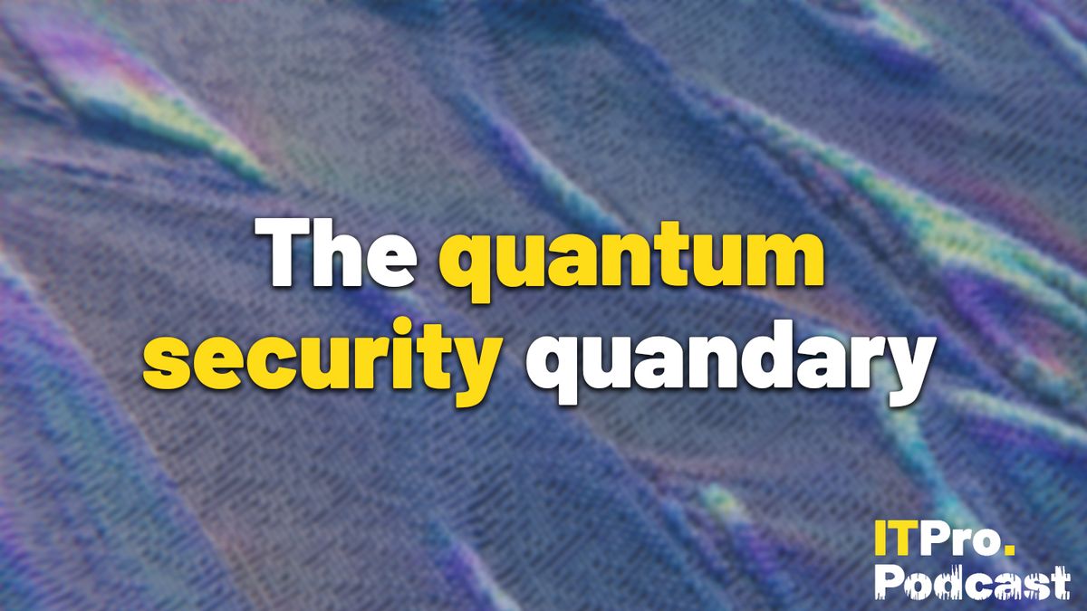 The words &#039;The quantum security quandry with ‘quantum security’ highlighted in yellow and the other words in white, against a lightly-blurred render of purple, green, and blue digital waves composed of tiny triangles.