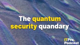 The words 'The quantum security quandry with ‘quantum security’ highlighted in yellow and the other words in white, against a lightly-blurred render of purple, green, and blue digital waves composed of tiny triangles.
