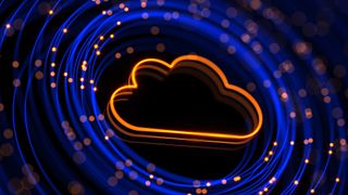 An outline of a cloud in neon orange, inside a circle of blue fibers, suggesting cloud computing