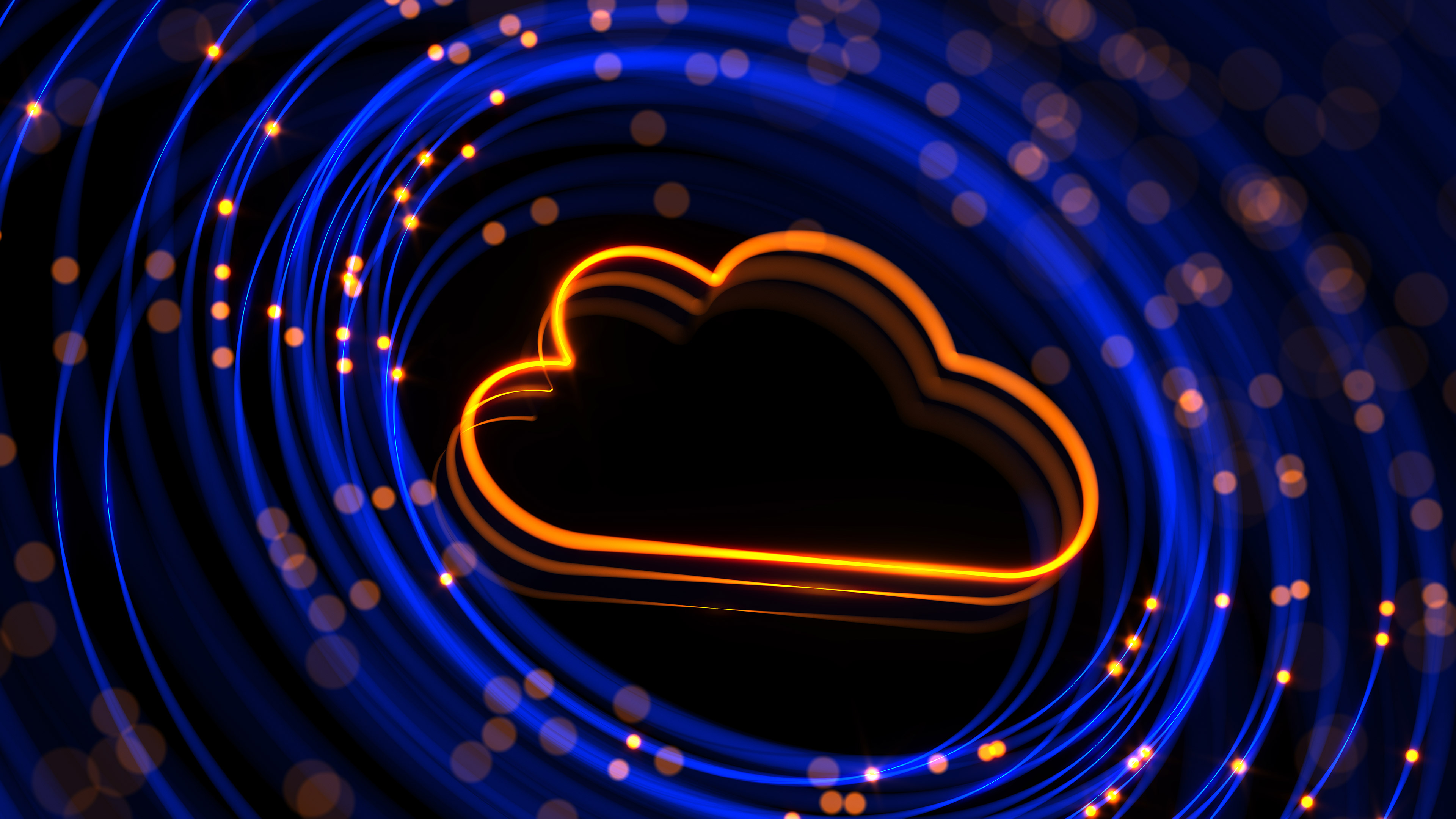 An outline of a cloud in neon orange, inside a circle of blue fibers, suggesting cloud computing