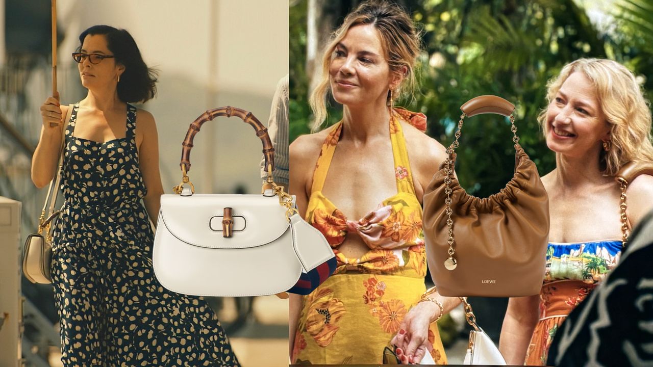 a collage of designer bags by Gucci and Loewe with the women who carry them on The White Lotus