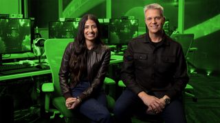 Xbox CEO Asha Sharma and Xbox CCO Matt Booty, on a green background