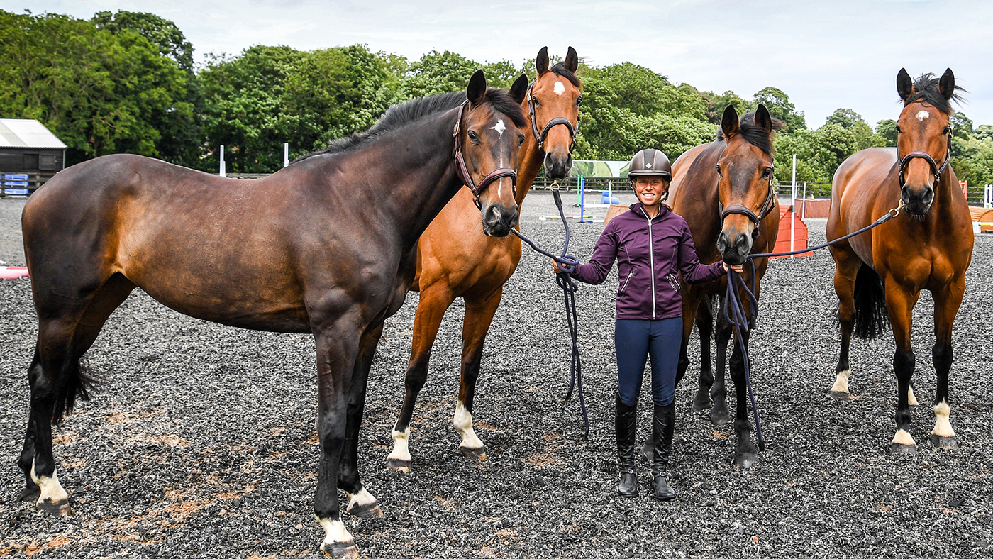 AAA Ros Canter 03 07 2020 Ros Canter with Pencos Crown Jewel, Lzilot DHI, Lordship Graffalo and Rehy Royal Diamond at Ros's yard at Home Farm near Louth in Lincolnshire in the UK on the 3 July 2020