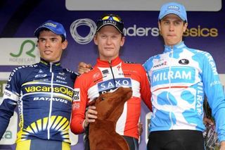 The 2010 Dwars door Vlaanderen podium: Bjorn Leukemans (Vacansoleil), Matti Breschel (Saxo Bank) and Niki Terpstra (Milram)