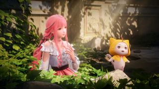 Infinity Nikki screenshot showing a girl with a ruffled white dress and long pink hair sitting beside a small cat-like creature wearing a little yellow poncho