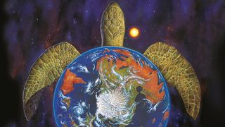 A disc with seas and continents atop a turtle in space