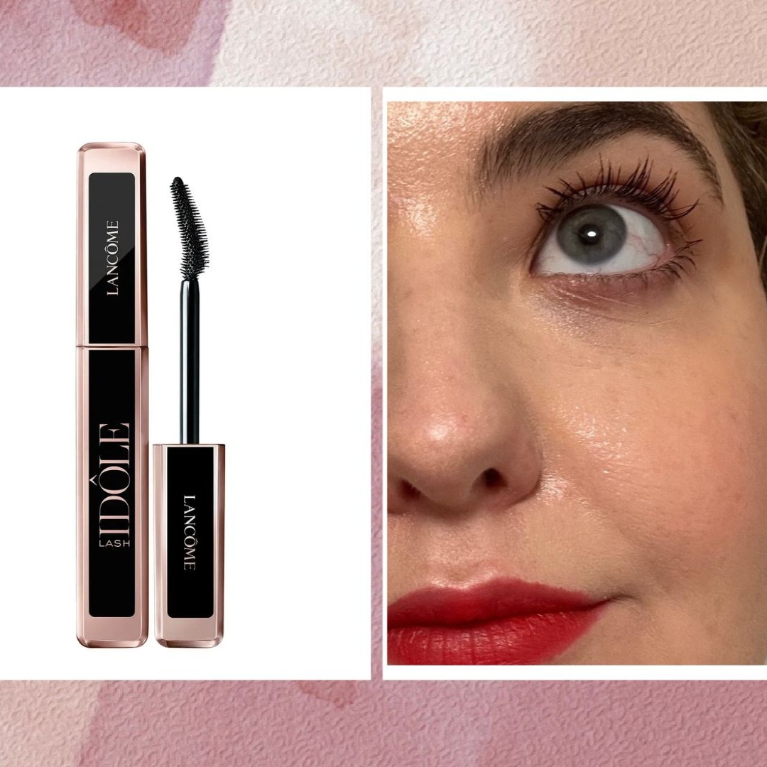 On the left, is a product shot of the Lancôme Lash Idole and on the right, is a close-up of Senior Beauty Editor Rhiannon Derbyshire wearing the formula on her eyelashes