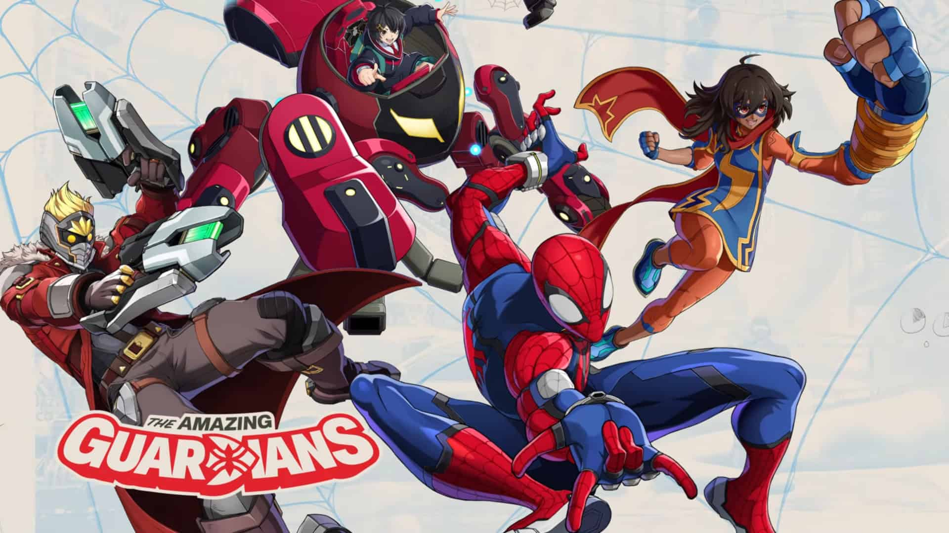 Marvel T&amp;#333;kon: Fighting Souls - Official artwork showcasing the Amazing Guardians team, with Spider-Man, Star-Lord, Ms Marvel, and Peni Parker.