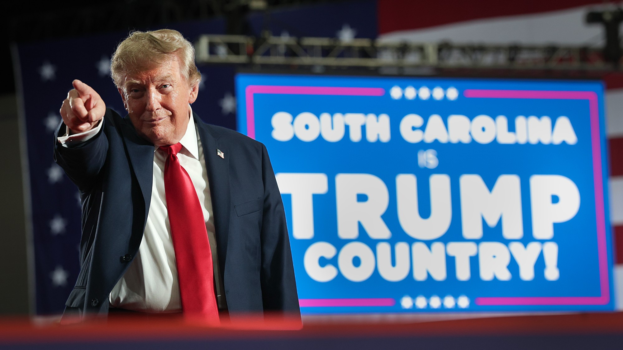 MYRTLE BEACH, SOUTH CAROLINA - AUGUST 21: U.S. President Donald Trump arrives for a campaign rally with U.S. Sen. Darline Graham (R-SC) on August 21, 2026 in Myrtle Beach, South Carolina. 