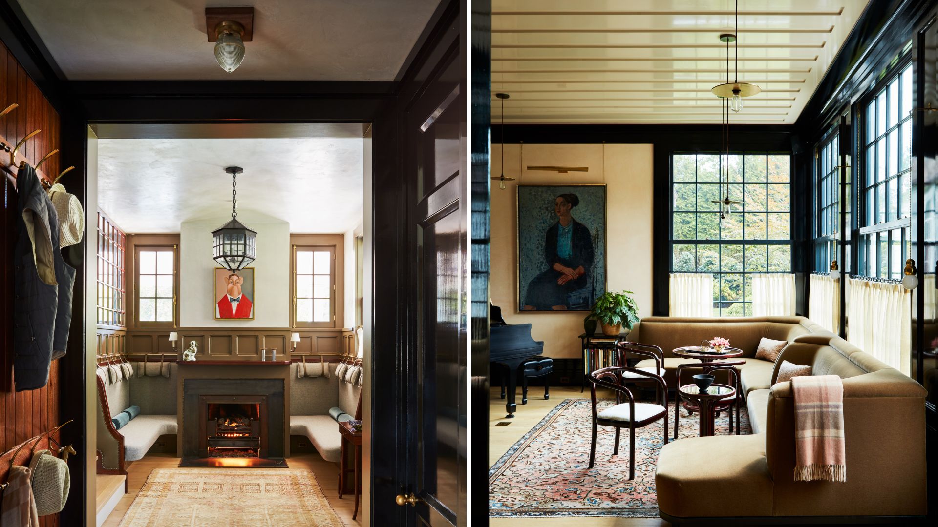 Two images from Bryan Graybill&#039;s home showing a cozy snug with a fire on the left and a sitting room with large window and corner sofa on the right