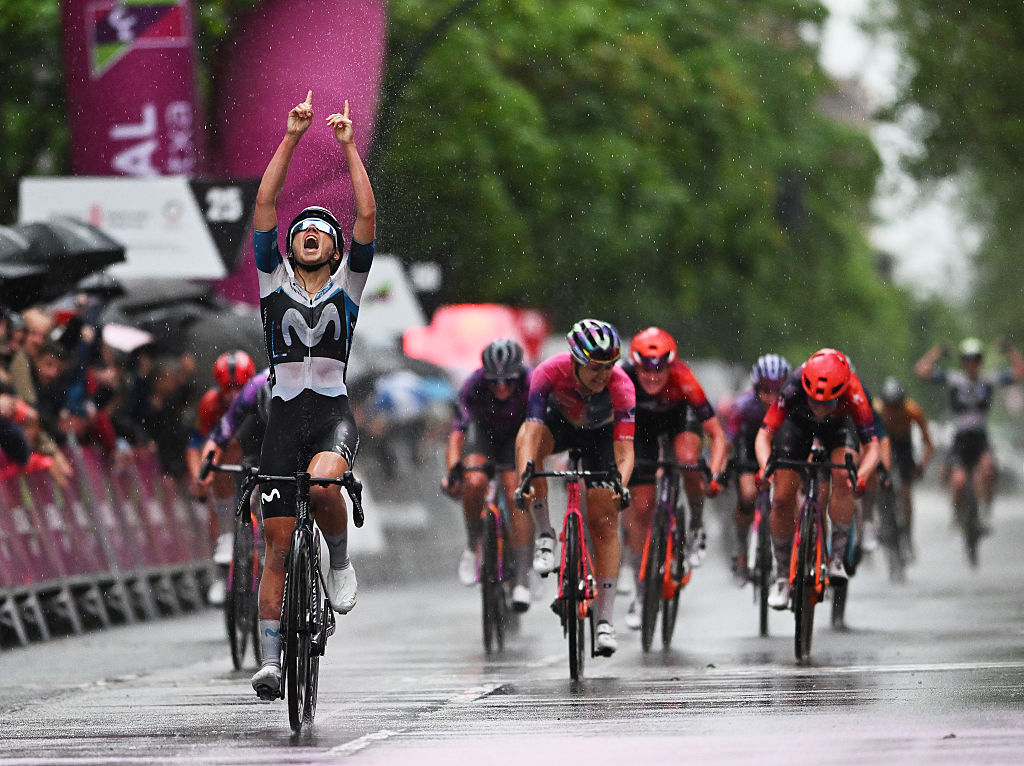 PAMPLONA SPAIN MAY 14 Cat Ferguson of Great Britain and Movistar Team celebrates at finish line as race winner during the 5th Navarra Womens Elite Classics 2025 a 1344km one day race from Pamplona to Pamplona on May 14 2025 in Pamplona Spain Photo by Szymon GruchalskiGetty Images