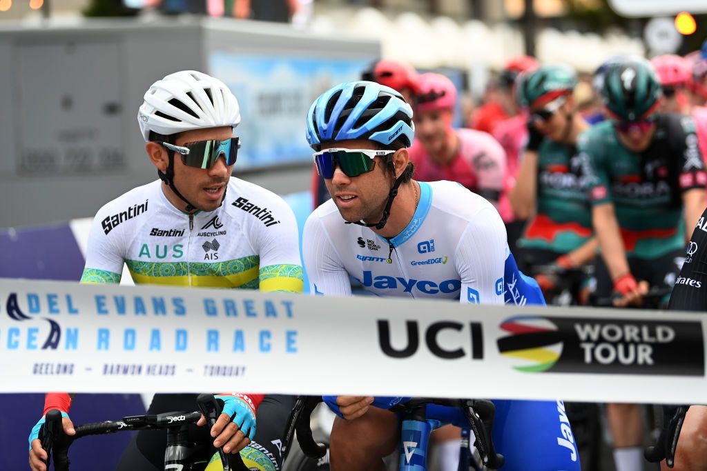 GEELONG AUSTRALIA JANUARY 29 LR Caleb Ewan of Australia and Australian National Team and Michael Matthews of Australia and Team Jayco Alula prior to the 7th Cadel Evans Great Ocean Road Race 2023 Mens Elite a 1743km one day race from Geelong to Geelong CadelRoadRace on January 29 2023 in Geelong Australia Photo by Tim de WaeleGetty Images