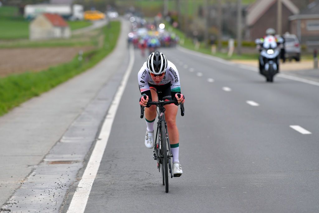 OUDENAARDE BELGIUM APRIL 04 Femke Markus of Netherlands and Team Parkhotel Valkenburg during the 18th Ronde van Vlaanderen Tour of Flanders 2021 Womens Elite a 1524km race frim Oudenaarde to Oudenaarde Breakaway RVV21 rondevanvlaanderen tourofflanders UCIWWT on April 04 2021 in Oudenaarde Belgium Photo by Luc ClaessenGetty Images