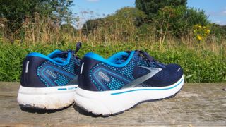 Pair of Brooks Ghost 14 running shoes, viewed from behind