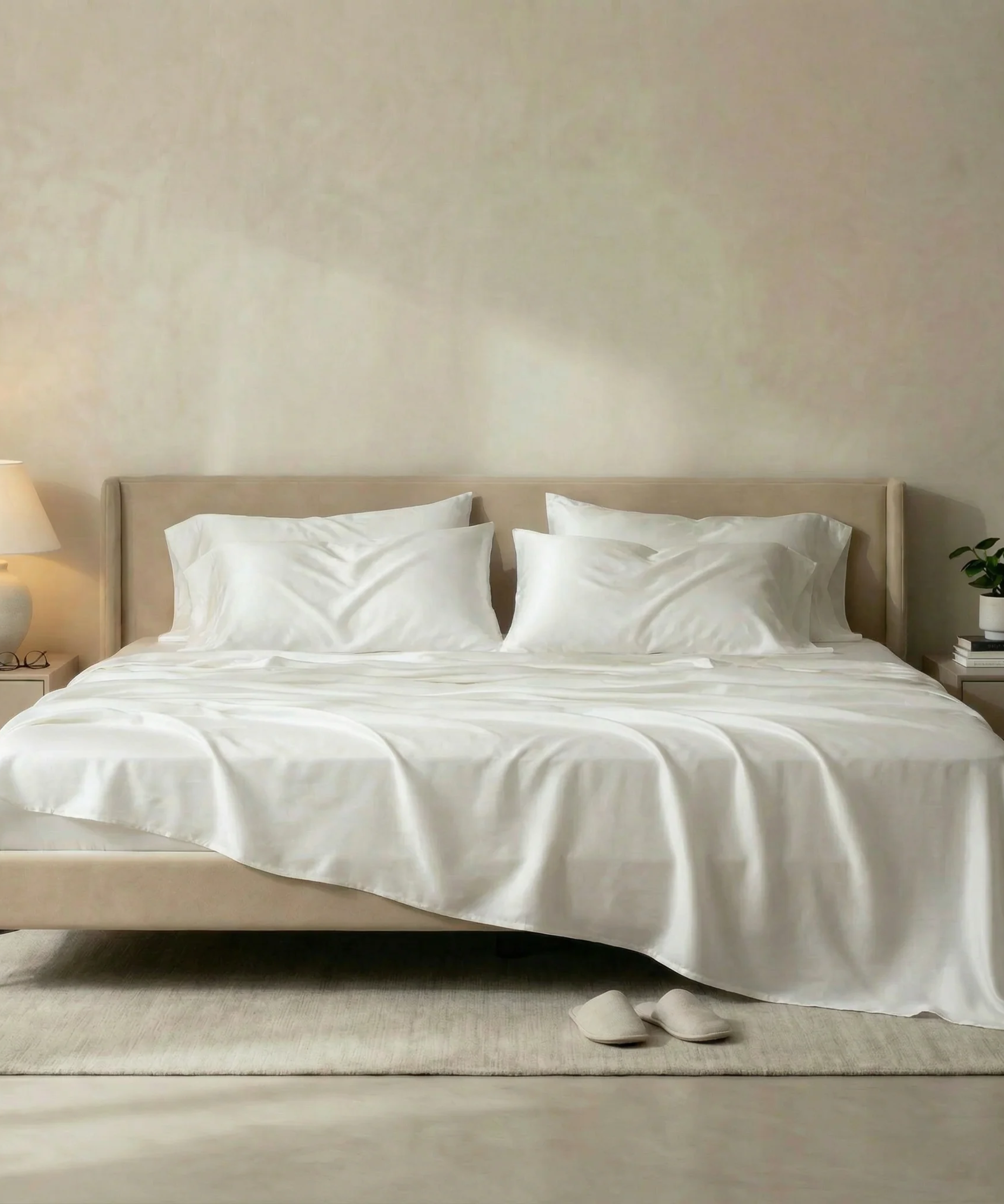 Cream bed sheets styled in a warm minimalist bedroom