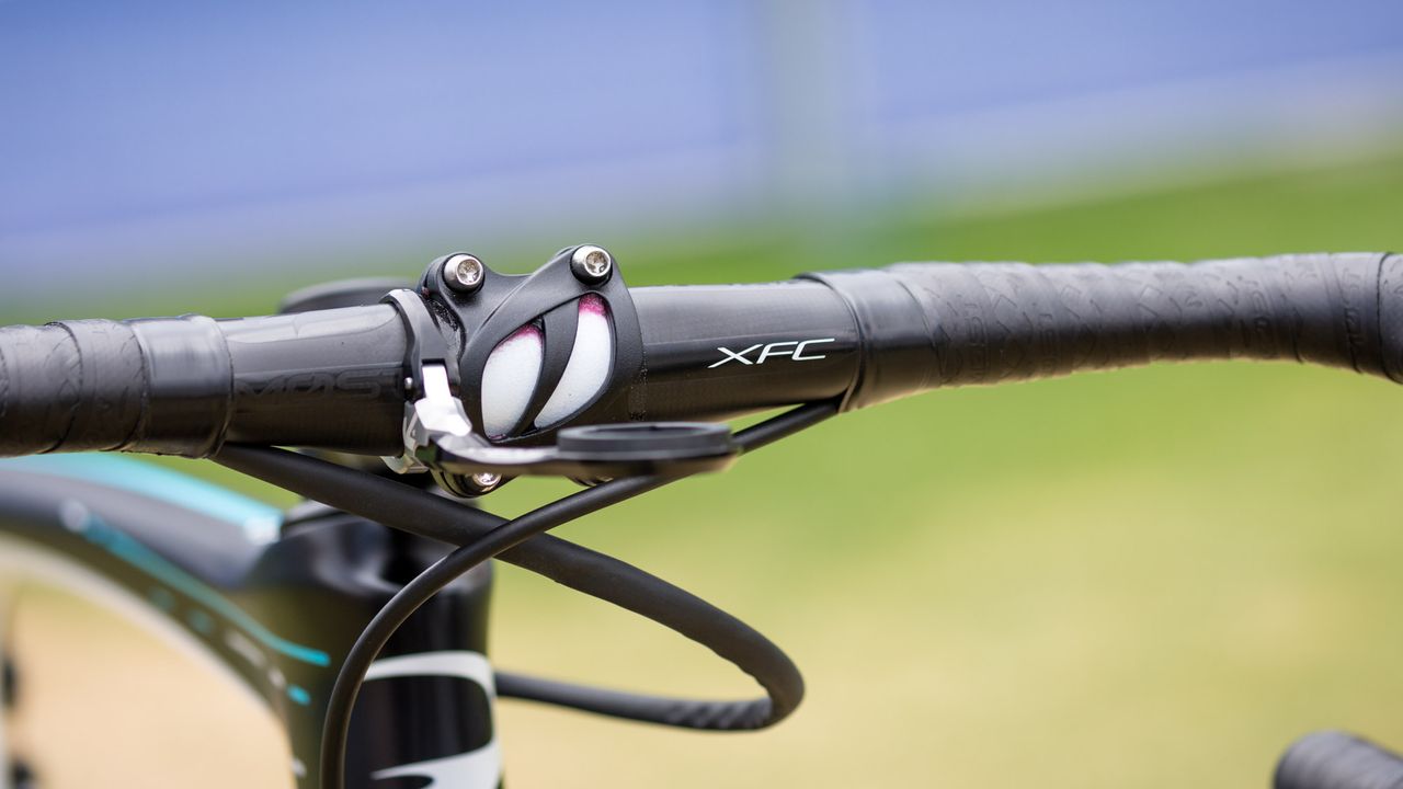 The Di2 cables are shrink wrapped to the brake cables for a tidy front end on Bernal's bike