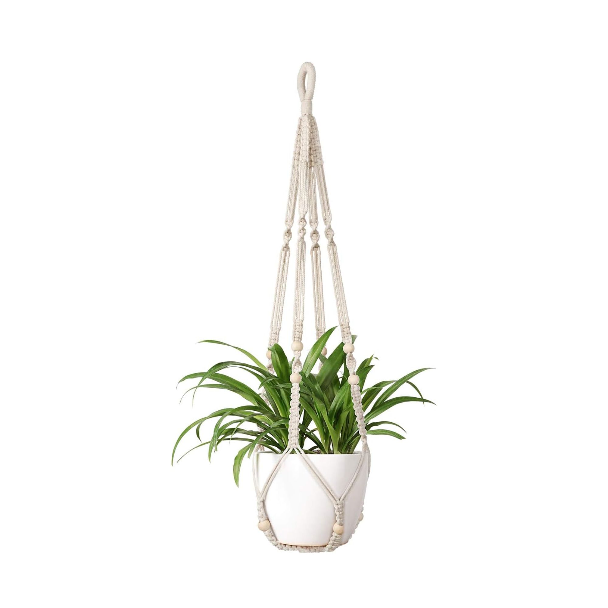 White macrame hanging planter