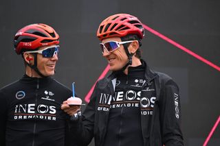 ALPAGO ITALY MAY 25 LR Ben Swift of The United Kingdom and Geraint Thomas of The United Kingdom and Team INEOS Grenadiers on his birthday prior to the 107th Giro dItalia 2024 Stage 20 a 184km stage from Alpago to Bassano del Grappa UCIWT on May 25 2024 in Alpago Italy Photo by Dario BelingheriGetty Images