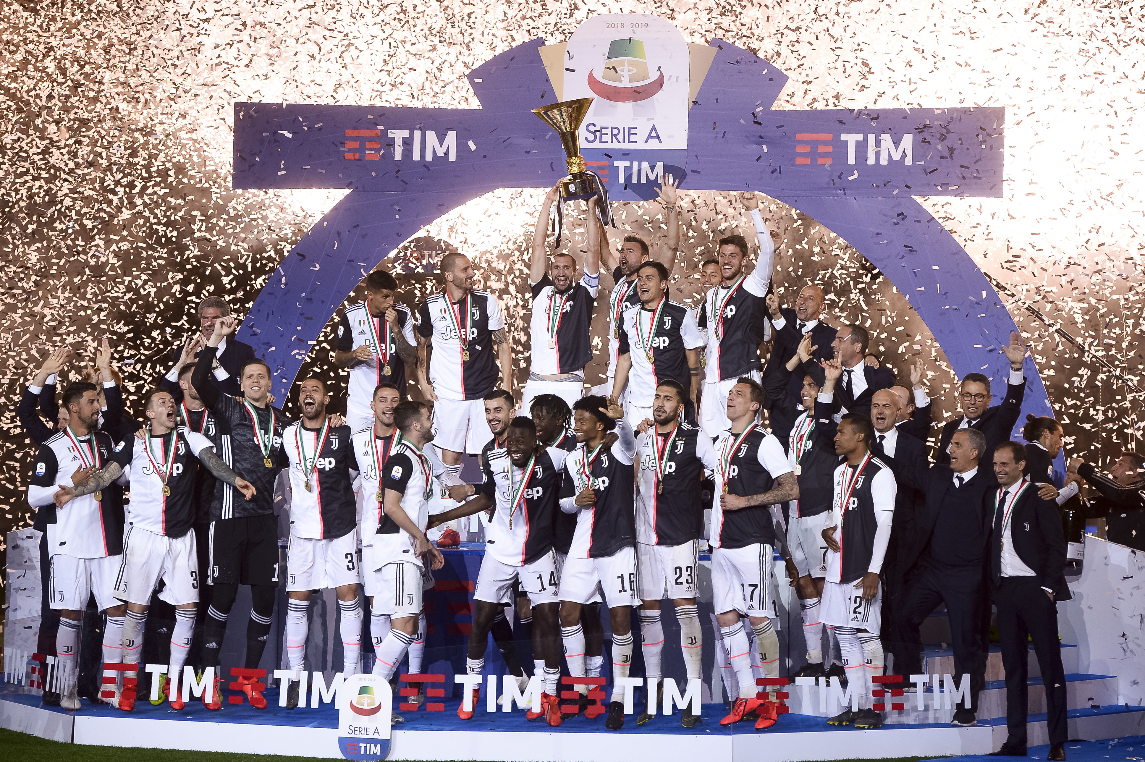 Juventus players celebrate in May 2019 after winning Serie A for the eighth season in a row.