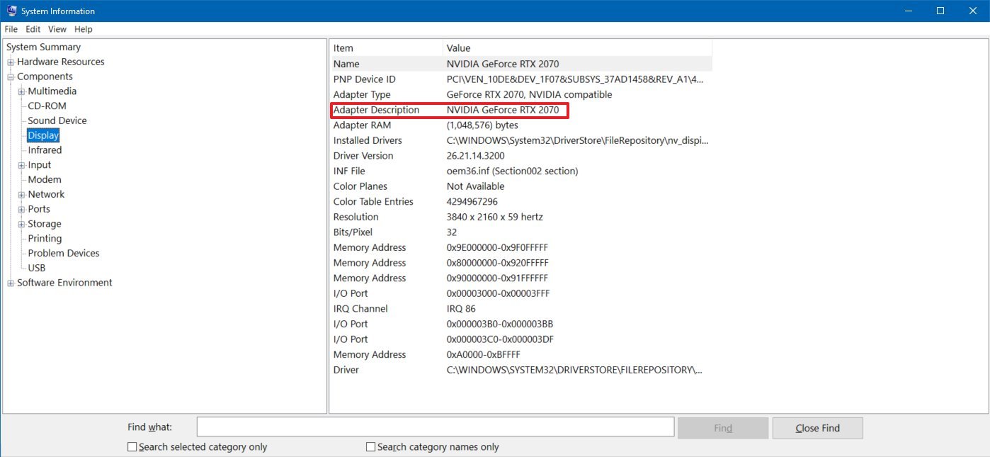 System Information graphics card details