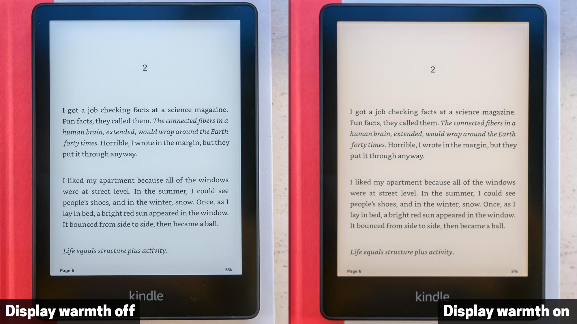 The Kindle Paperwhite 2022 with display warmth off and on