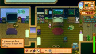 Stardew Valley screenshot of the farmer in their house with a message telling them green rain has started outside