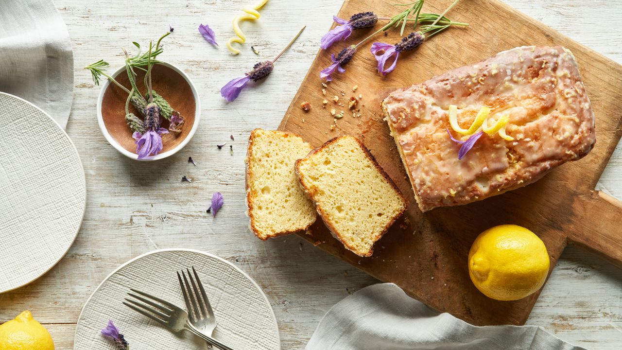 lemon lavender cake on a wooden board