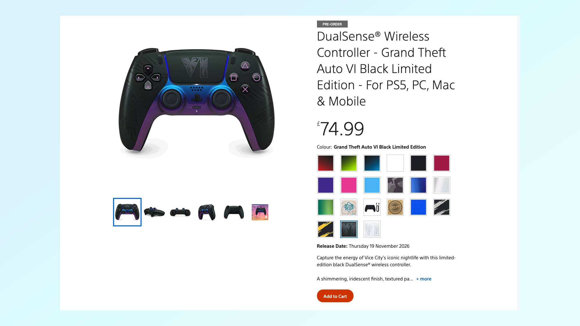 PlayStation Direct listing page for the GTA 6 DualSense in Black