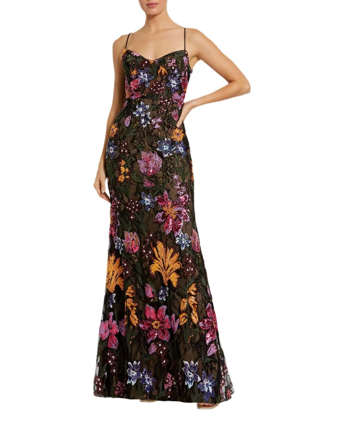 Spaghetti Strap Floral Embroidered Gown