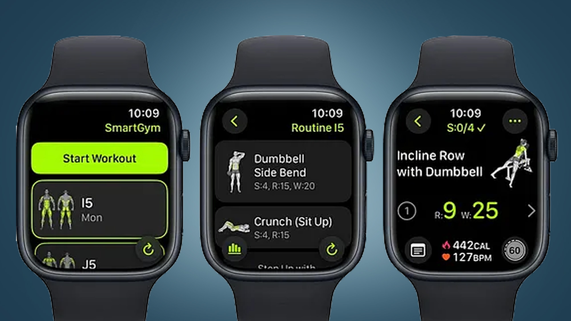 Three Apple Watches on a blue background displaying the SmartGym app