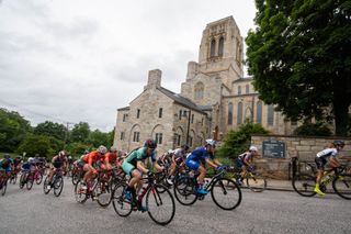 The women's field climbs during the Winston-Salem Cycling Classic