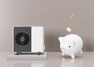 An air source heat pump next to a piggy bank with money going into it